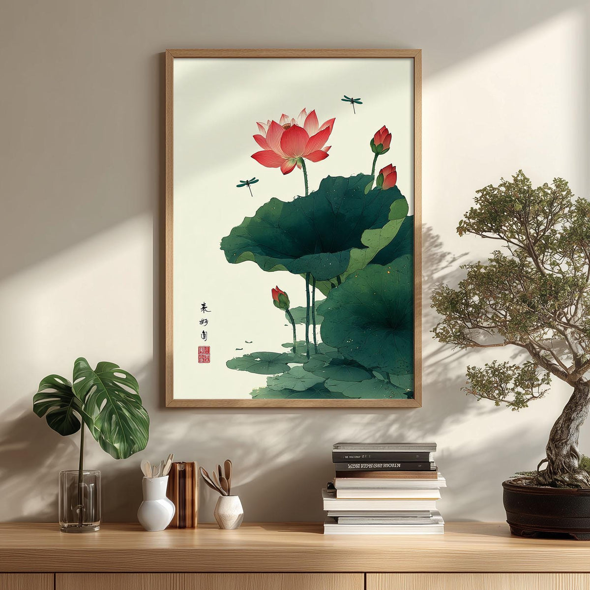 Pink Lotus Flower Wall Art Print, Chinese Ink Painting Poster, Dragonfly Botanical Zen Decor