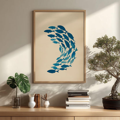 Blue School Of Fish Wall Art Print, Minimalist Coastal Poster, Nautical Bathroom Decor