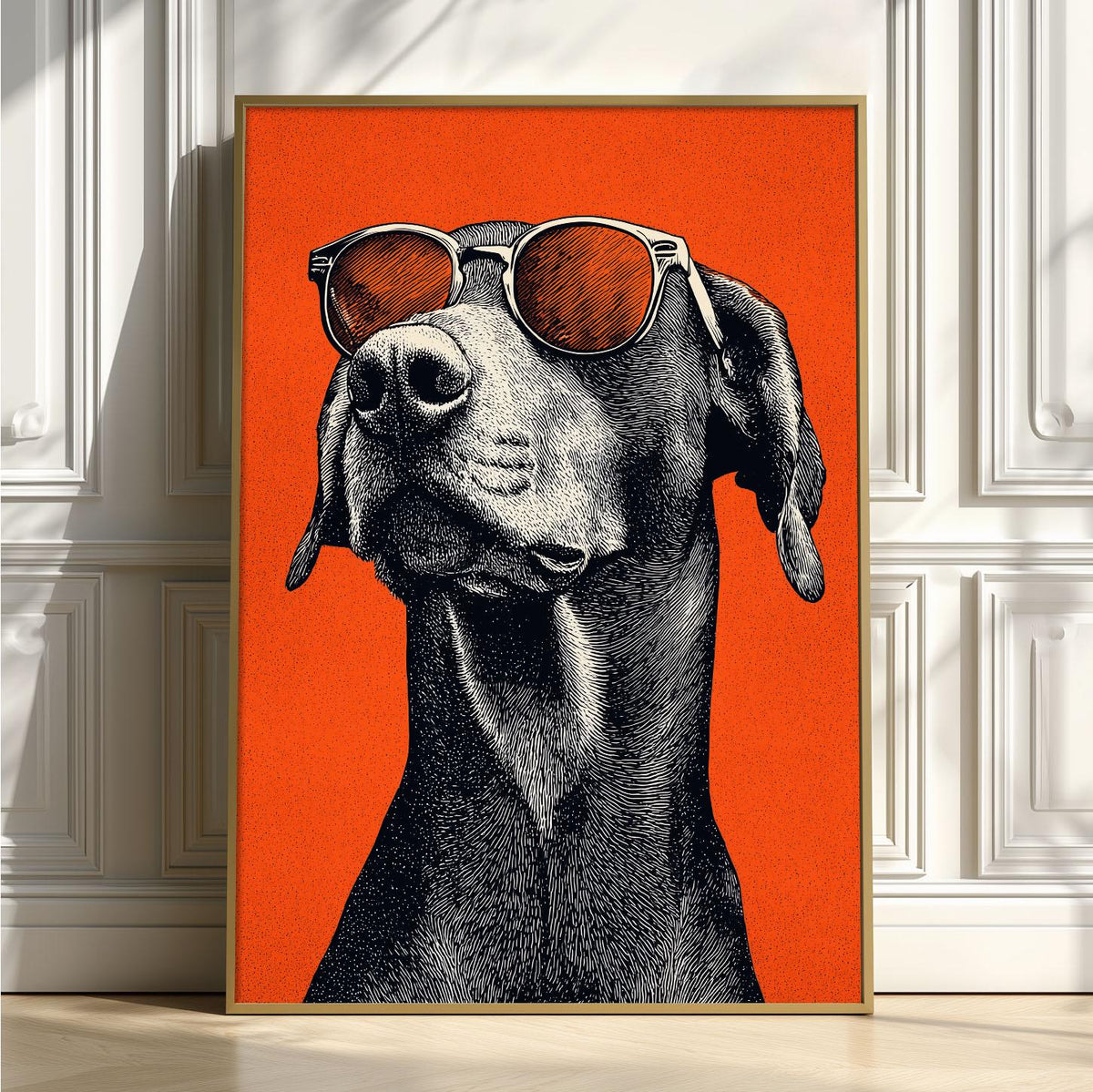 Cool Dog Sunglasses Wall Art Print, Orange Pet Portrait Poster, Funny Animal Decor