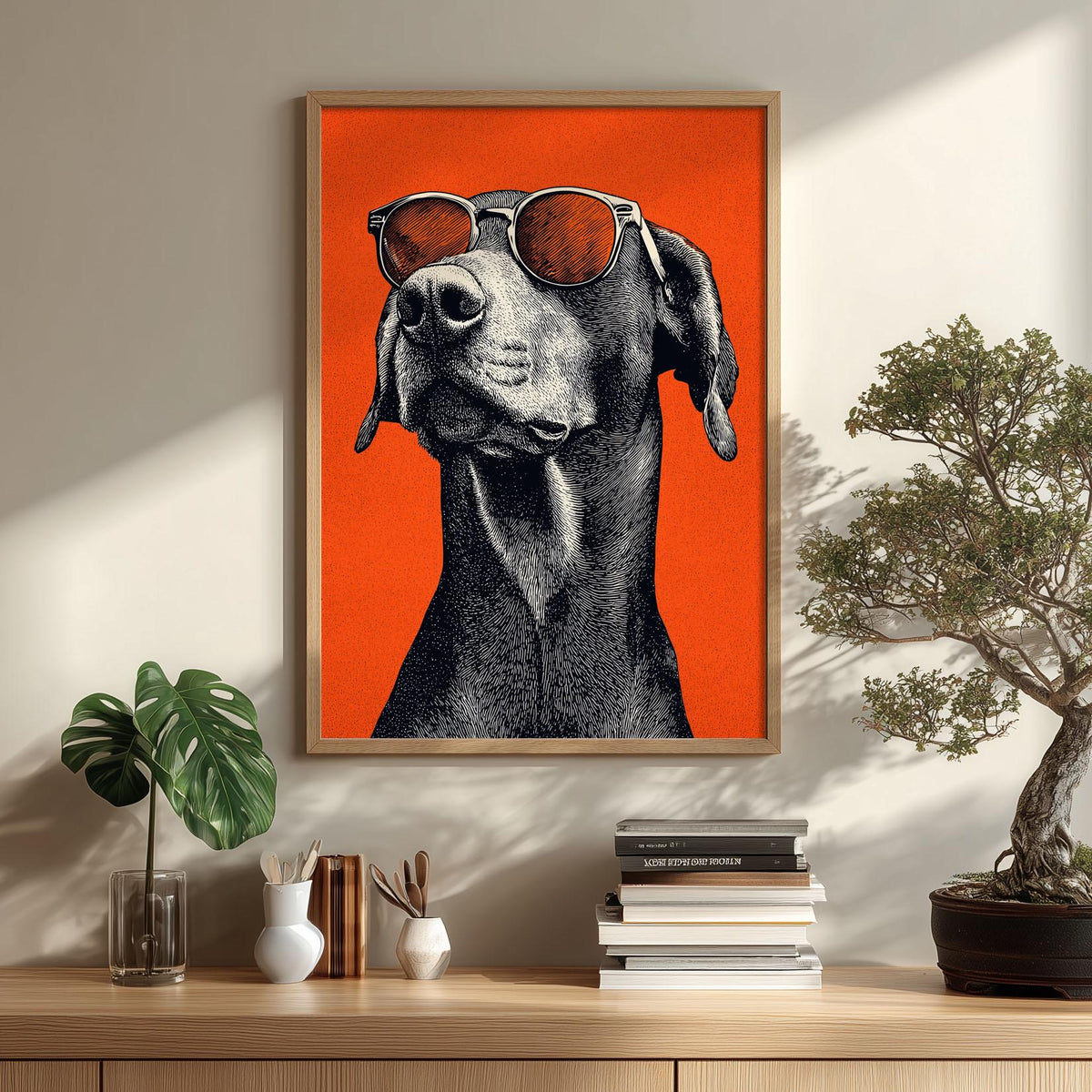 Cool Dog Sunglasses Wall Art Print, Orange Pet Portrait Poster, Funny Animal Decor
