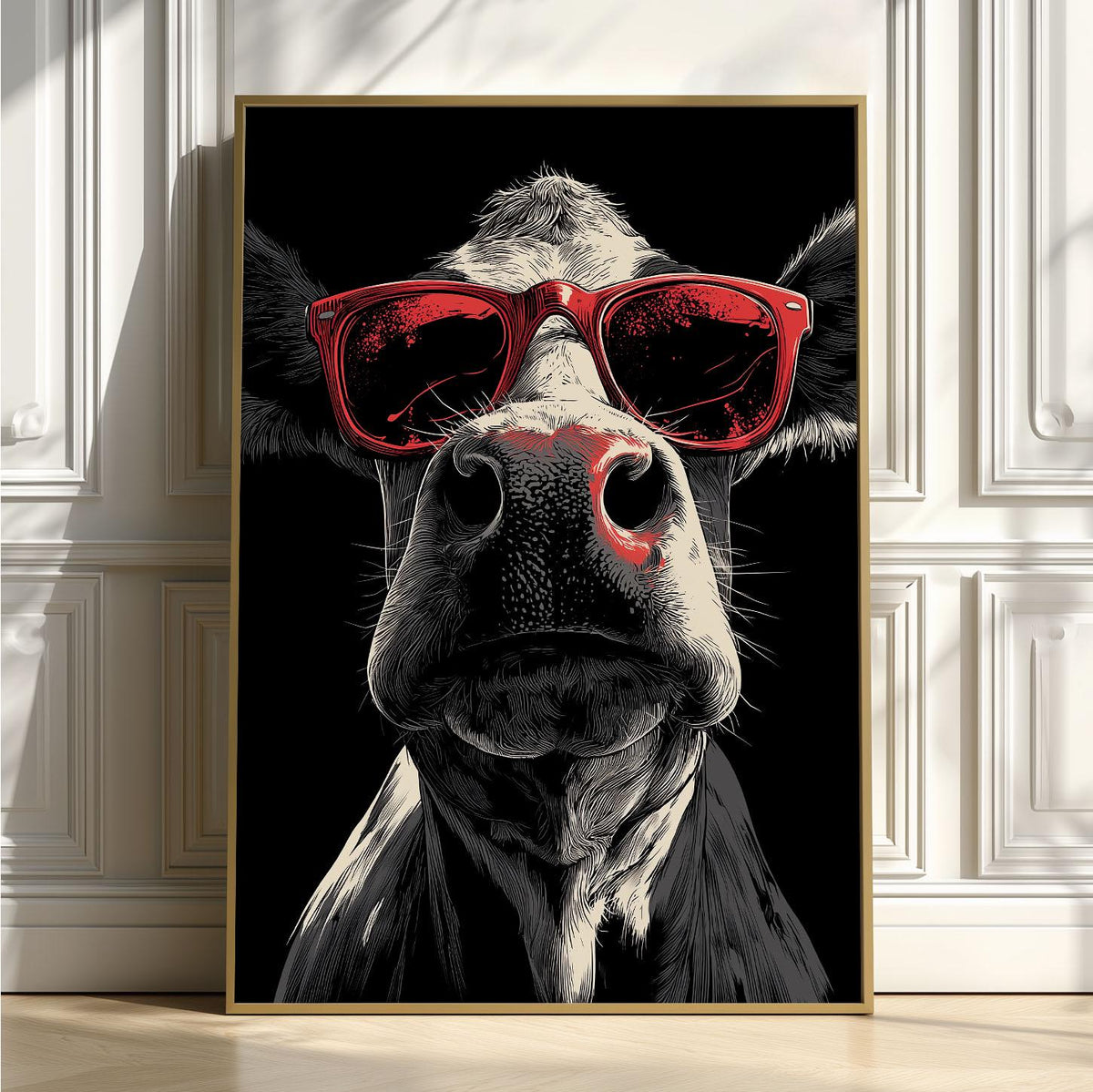 Cow Red Sunglasses Wall Art Print, Funny Farm Animal Poster, Black White Kitchen Decor