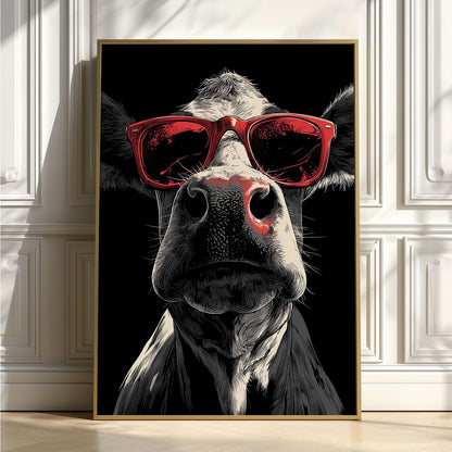 Cow Red Sunglasses Wall Art Print, Funny Farm Animal Poster, Black White Kitchen Decor