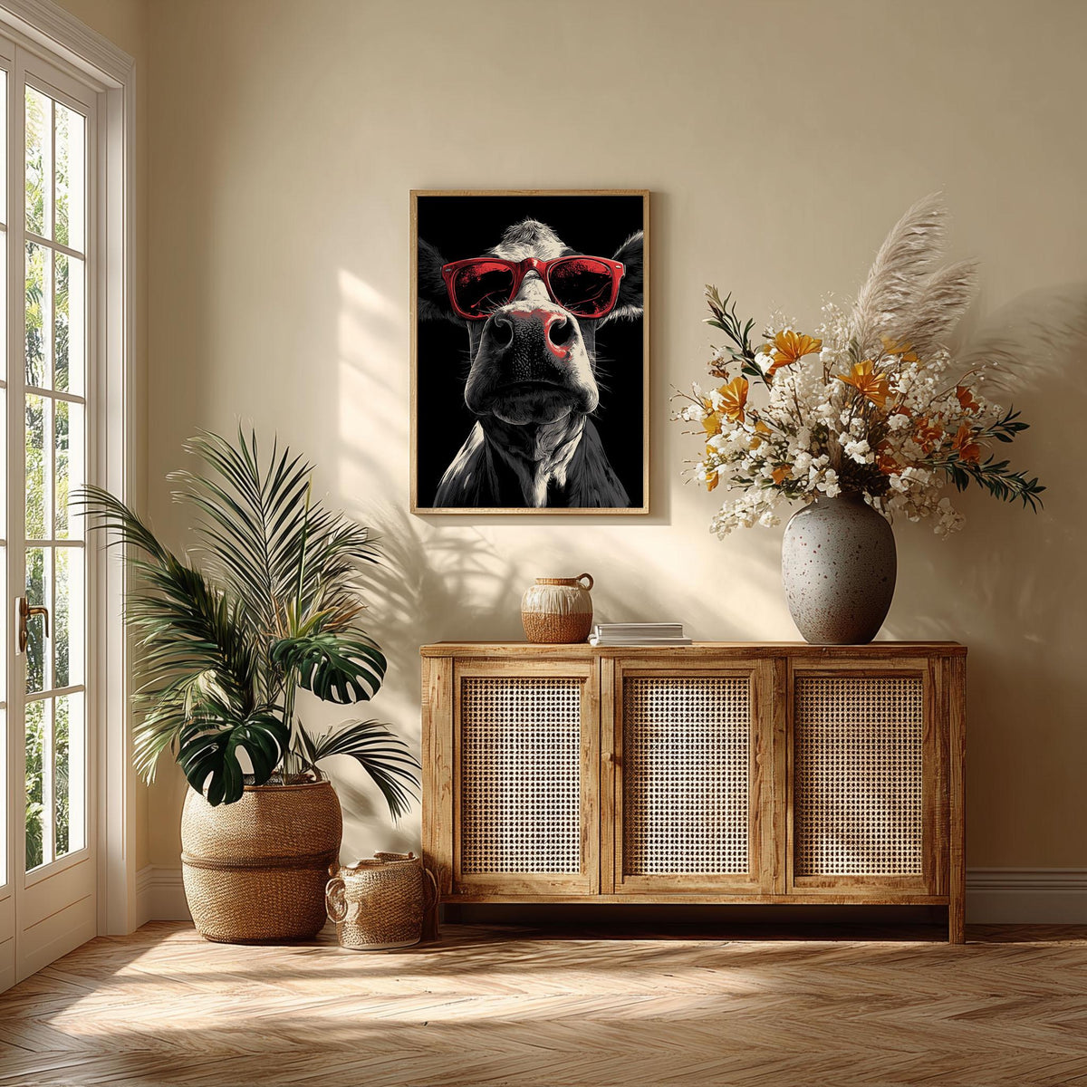 Cow Red Sunglasses Wall Art Print, Funny Farm Animal Poster, Black White Kitchen Decor