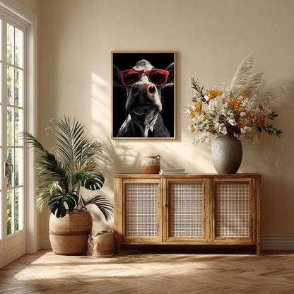 Cow Red Sunglasses Wall Art Print, Funny Farm Animal Poster, Black White Kitchen Decor