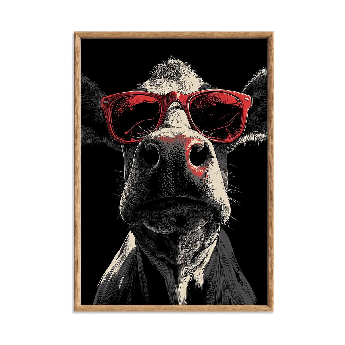 Cow Red Sunglasses Wall Art Print, Funny Farm Animal Poster, Black White Kitchen Decor