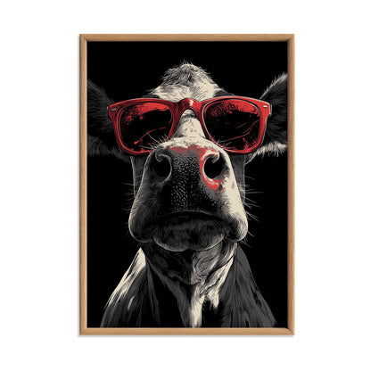 Cow Red Sunglasses Wall Art Print, Funny Farm Animal Poster, Black White Kitchen Decor