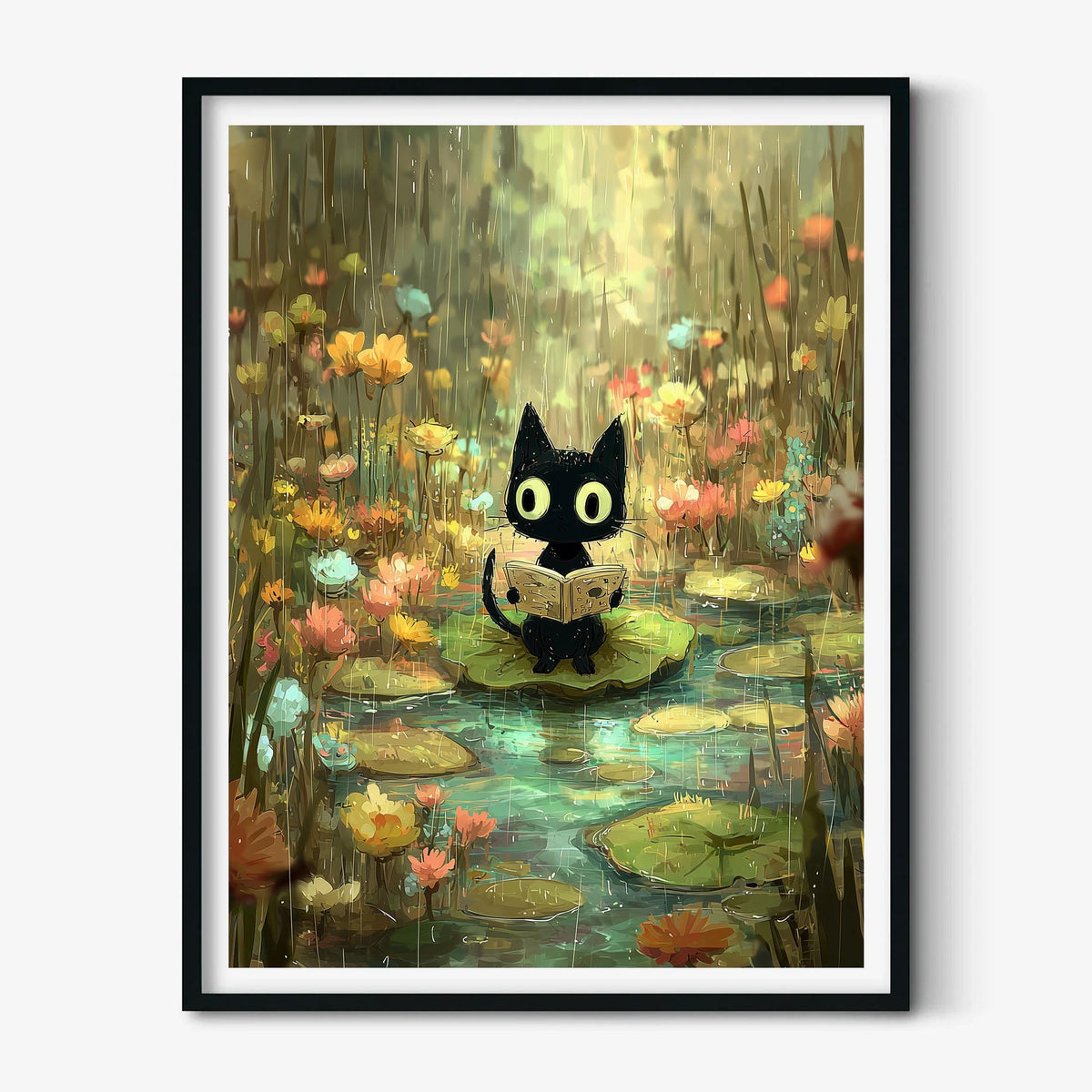 Black Cat Reading Print – Cute Lily Pad Poster | Whimsical Nursery Wall Art