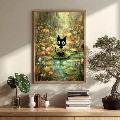 Black Cat Reading Print – Cute Lily Pad Poster | Whimsical Nursery Wall Art