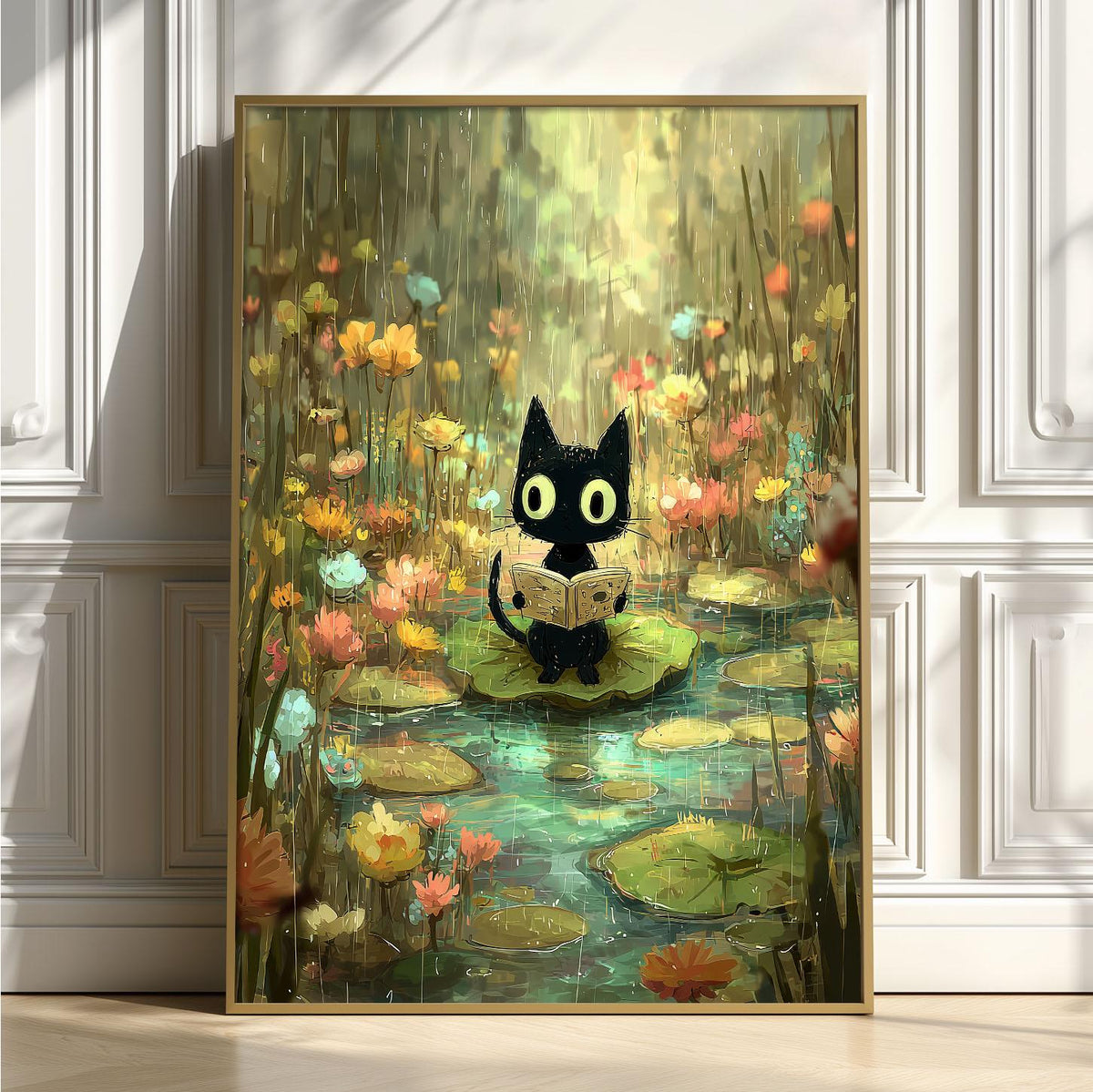 Black Cat Reading Print – Cute Lily Pad Poster | Whimsical Nursery Wall Art