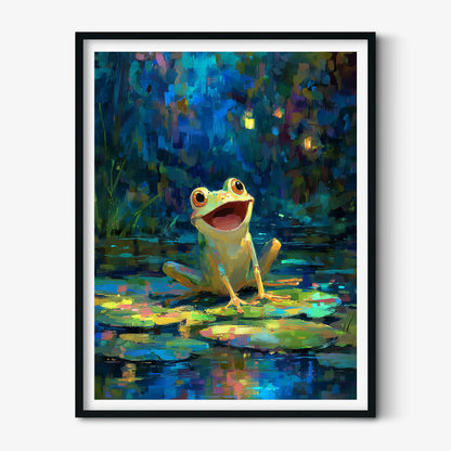 Cute Frog Lily Pad Wall Art Print, Colourful Pond Poster, Whimsical Nursery Decor