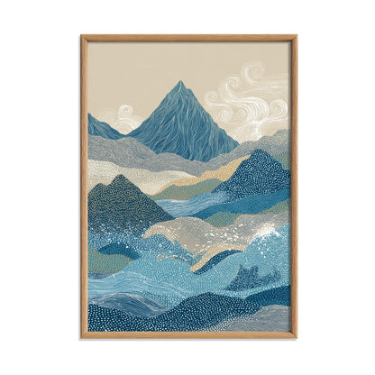 Blue Mountain Landscape Wall Art Print, Abstract Wave Poster, Minimalist Nature Decor