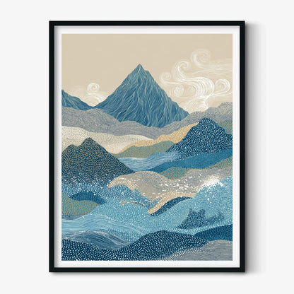 Blue Mountain Landscape Wall Art Print, Abstract Wave Poster, Minimalist Nature Decor