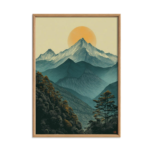 Minimalist Mountain Landscape Wall Art Print, Teal Sunrise Poster, Forest Nature Decor