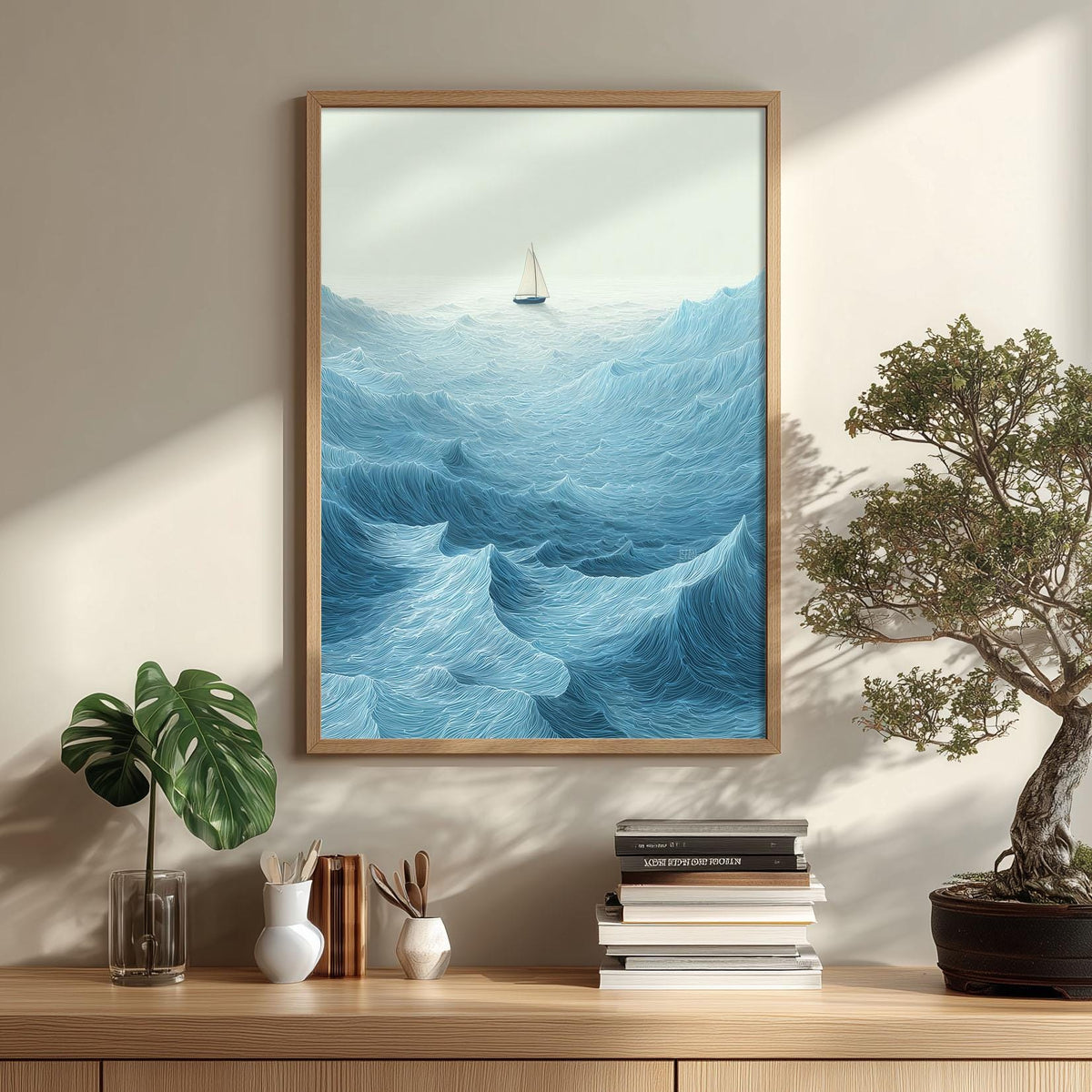 Sailboat Ocean Wave Wall Art Print, Blue Seascape Poster, Coastal Nautical Decor
