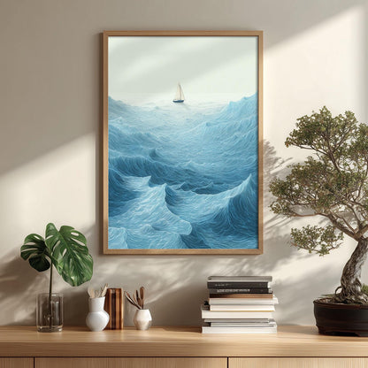 Sailboat Ocean Wave Wall Art Print, Blue Seascape Poster, Coastal Nautical Decor