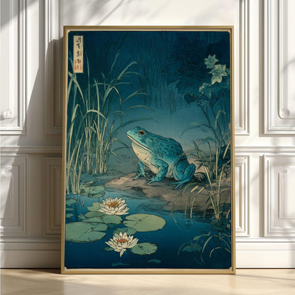 Blue Frog Pond Poster | Japanese Ukiyo-e Art Print, Lily Pad Wall Art, Bathroom Decor