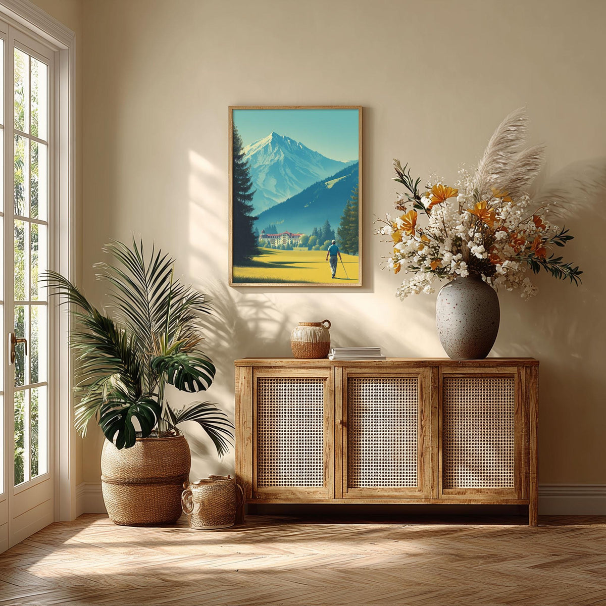 Golf Course Poster | Mountain Landscape Art Print, Golfer Wall Art, Alpine Sports Decor