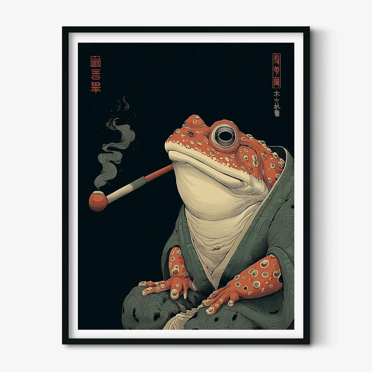 Smoking Frog Poster, Japanese Toad Art Print, Funny Animal Wall Art, Dark Green Decor