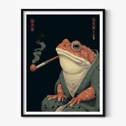 Smoking Frog Poster, Japanese Toad Art Print, Funny Animal Wall Art, Dark Green Decor