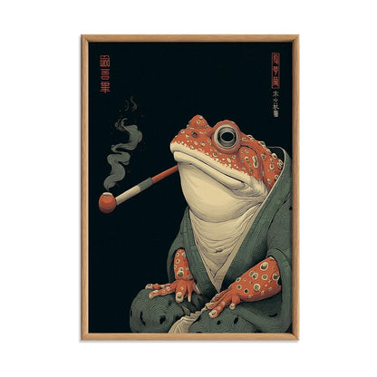 Smoking Frog Poster, Japanese Toad Art Print, Funny Animal Wall Art, Dark Green Decor