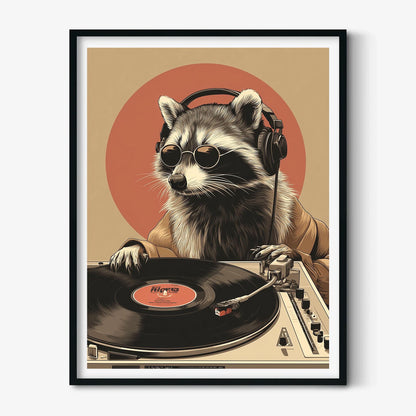 Raccoon DJ Poster | Vinyl Record Art Print | Funny Animal Wall Art | Music Room Decor