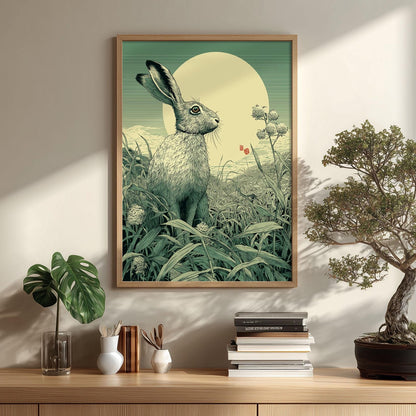 Hare Meadow Poster | Japanese Woodblock Art Print | Rabbit Wall Art | Green Botanical Decor
