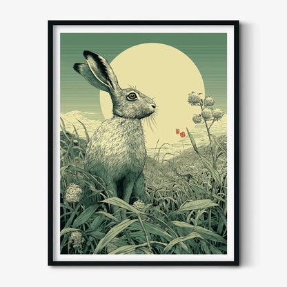 Hare Meadow Poster | Japanese Woodblock Art Print | Rabbit Wall Art | Green Botanical Decor