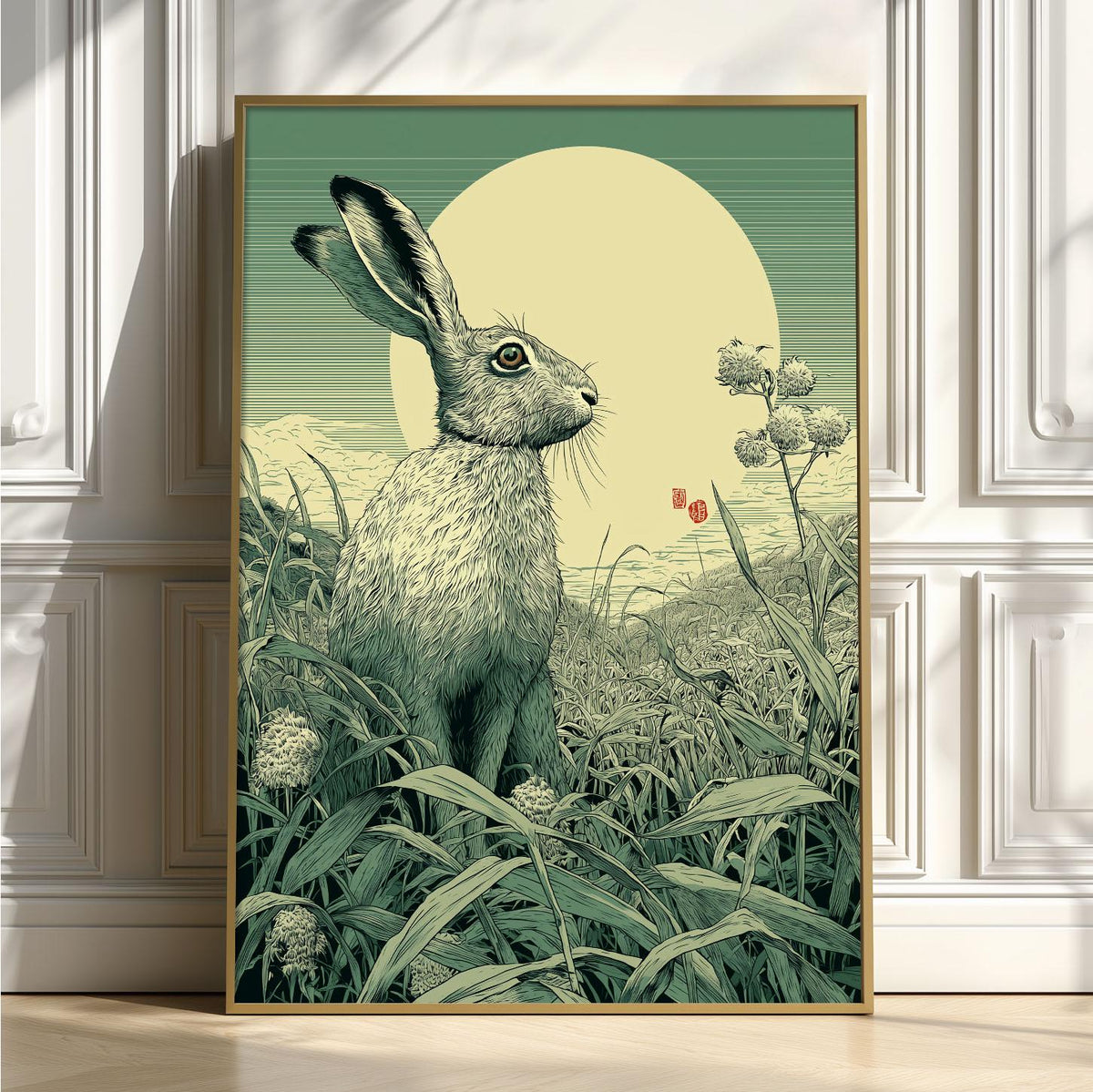 Hare Meadow Poster | Japanese Woodblock Art Print | Rabbit Wall Art | Green Botanical Decor