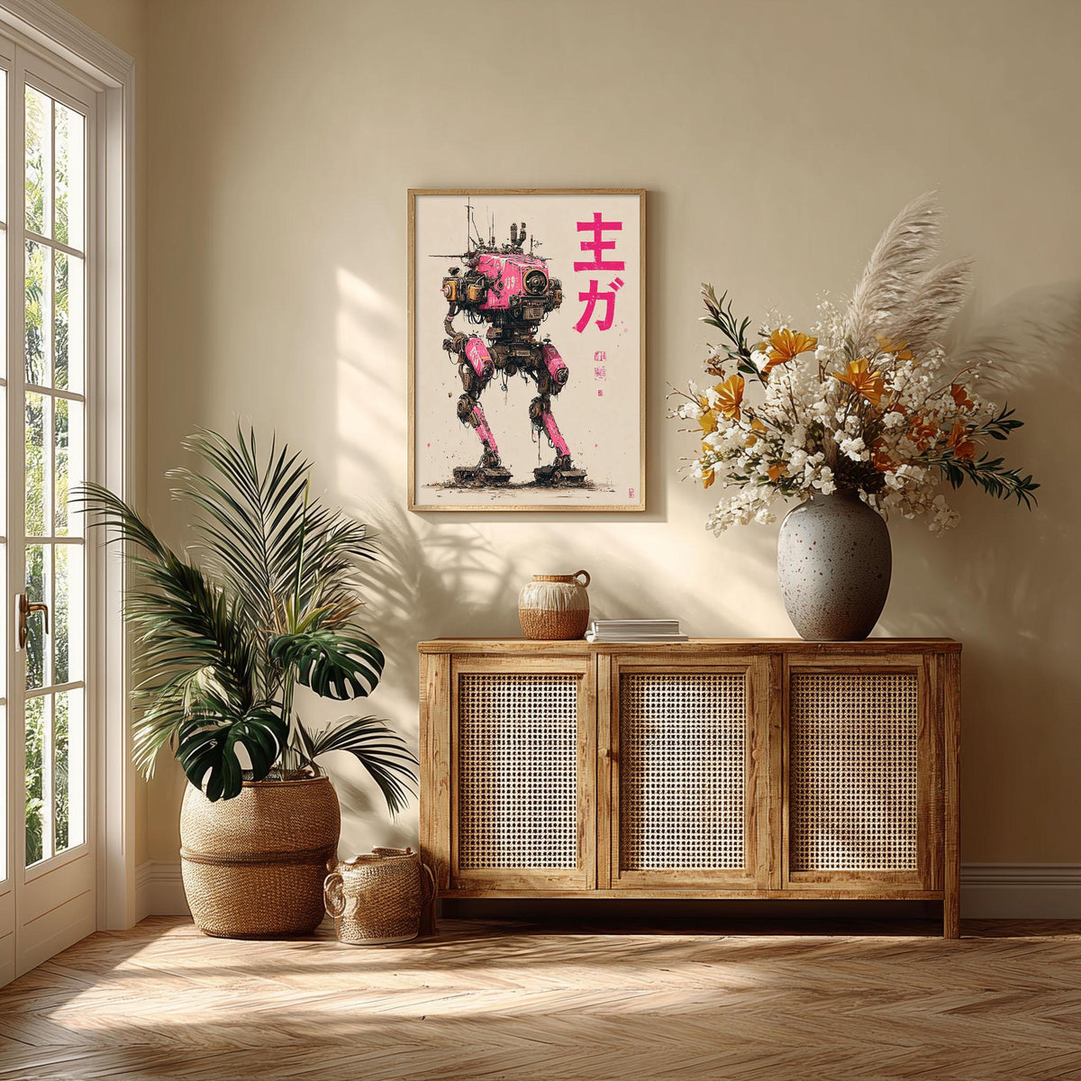 Pink Robot Poster | Japanese Mecha Art Print | Cyberpunk Wall Art | Sci Fi Decor