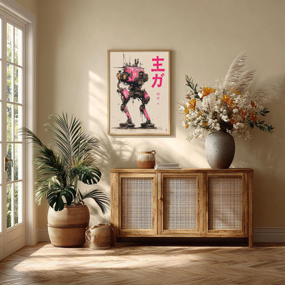 Pink Robot Poster | Japanese Mecha Art Print | Cyberpunk Wall Art | Sci Fi Decor