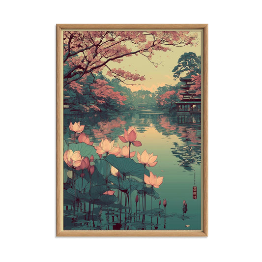Japanese Lotus Lake Poster | Cherry Blossom Art Print | Pagoda Wall Art | Zen Decor