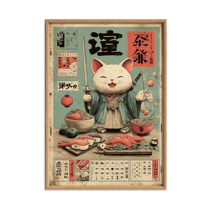 Lucky Cat Poster, Japanese Maneki Neko Art Print, Sushi Cat Wall Art, Kitchen Decor
