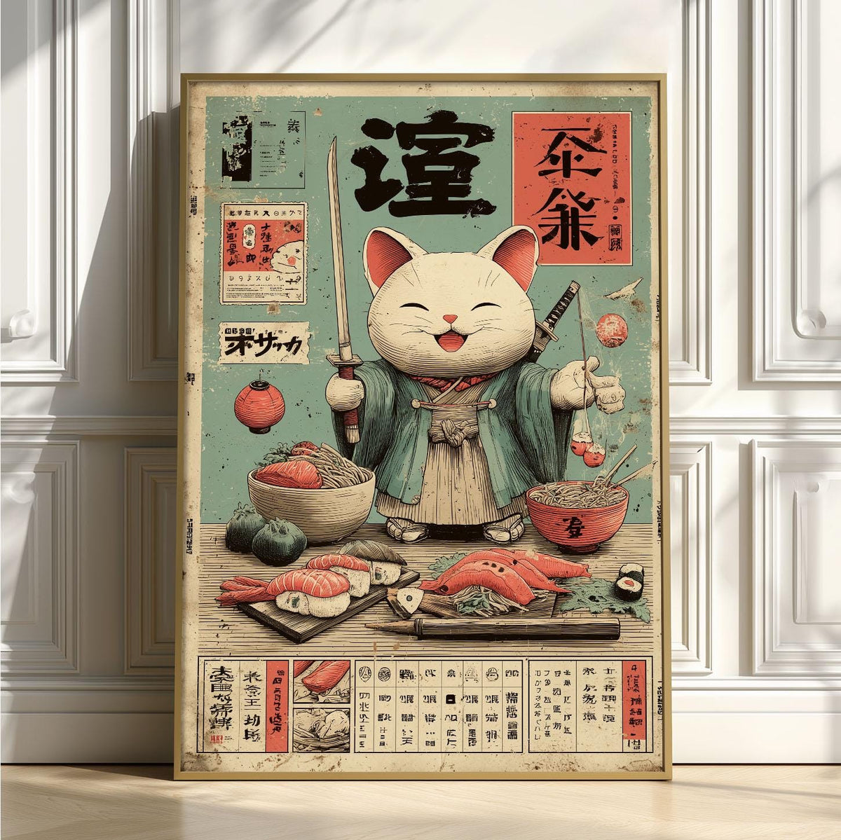 Lucky Cat Poster, Japanese Maneki Neko Art Print, Sushi Cat Wall Art, Kitchen Decor
