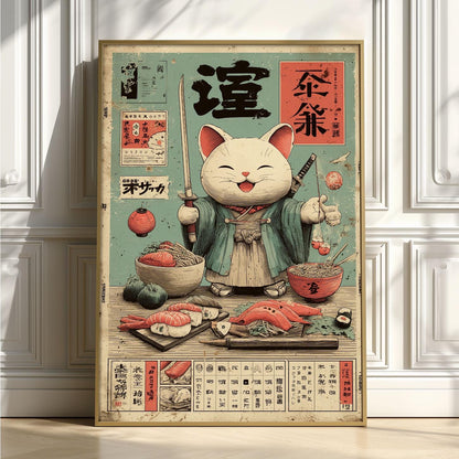 Lucky Cat Poster, Japanese Maneki Neko Art Print, Sushi Cat Wall Art, Kitchen Decor