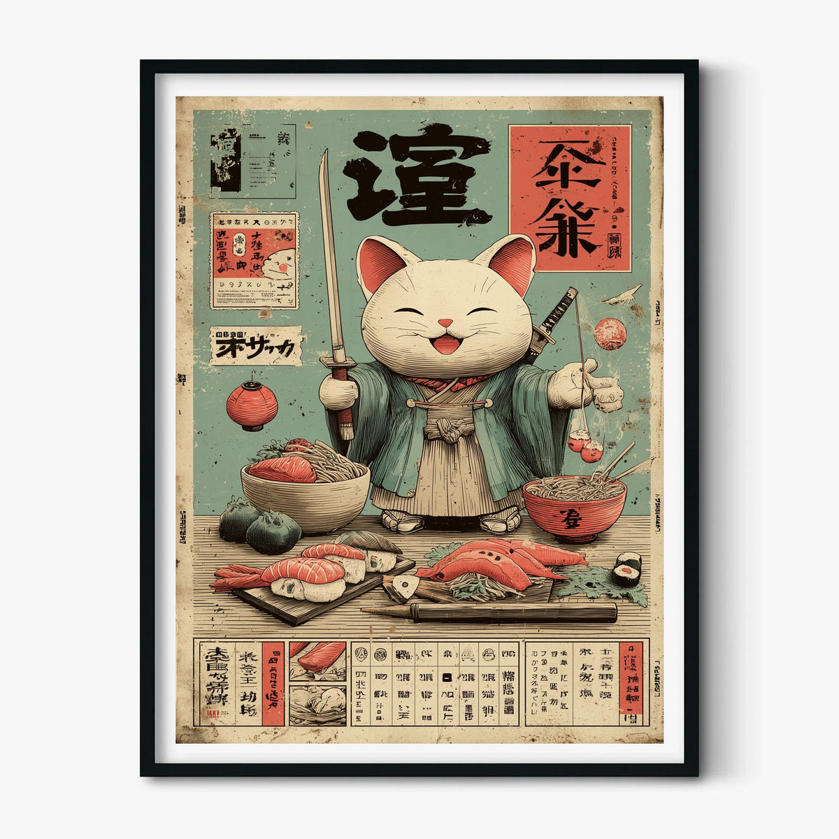 Lucky Cat Poster, Japanese Maneki Neko Art Print, Sushi Cat Wall Art, Kitchen Decor