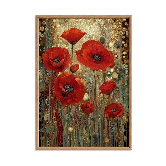 Red Poppy Poster | Art Nouveau Floral Print | Gold Botanical Wall Art | Luxury Flower Decor