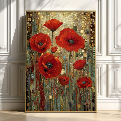 Red Poppy Poster | Art Nouveau Floral Print | Gold Botanical Wall Art | Luxury Flower Decor