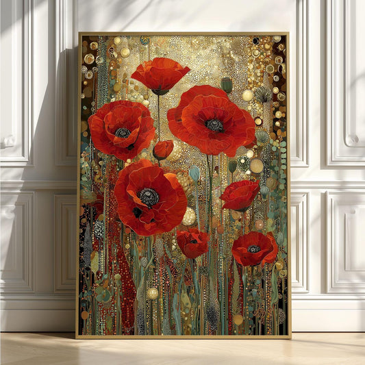 Red Poppy Poster | Art Nouveau Floral Print | Gold Botanical Wall Art | Luxury Flower Decor