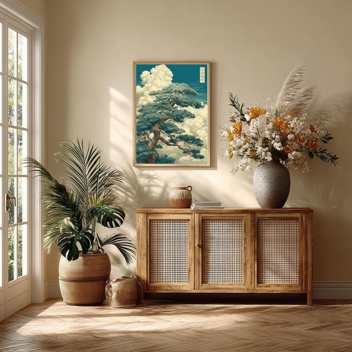 Japanese Pine Tree Poster | Woodblock Art Print | Cloud Landscape Wall Art | Zen Decor