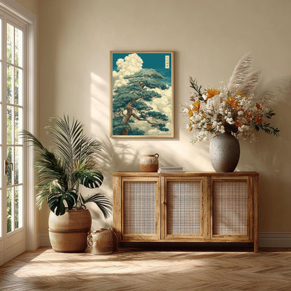 Japanese Pine Tree Poster | Woodblock Art Print | Cloud Landscape Wall Art | Zen Decor