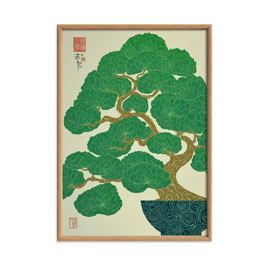 Bonsai Tree Art Print | Japanese Botanical Poster | Green Wall Art | Zen Home Decor
