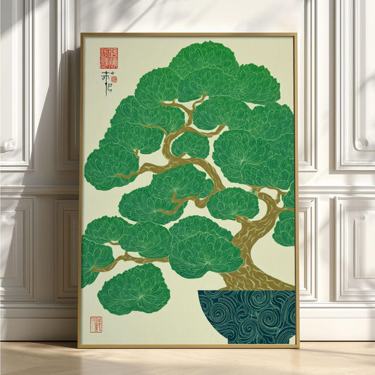 Bonsai Tree Art Print | Japanese Botanical Poster | Green Wall Art | Zen Home Decor