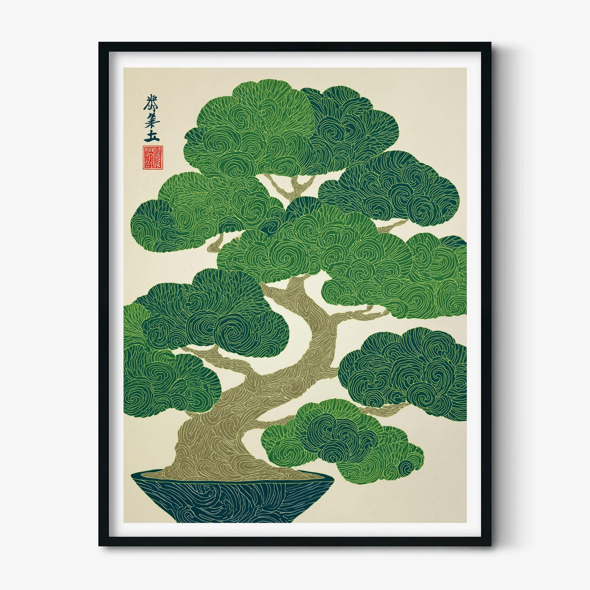 Bonsai Tree Poster, Japanese Botanical Art Print, Green Wall Art, Zen Home Decor