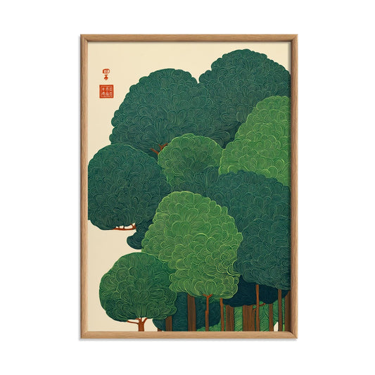 Green Forest Poster, Japanese Tree Art Print, Botanical Wall Art, Zen Nature Decor