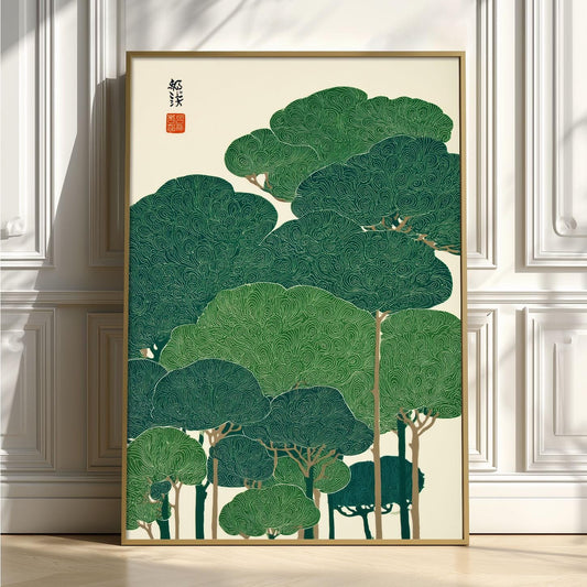 Green Forest Poster, Japanese Tree Art Print, Botanical Wall Art, Zen Nature Decor