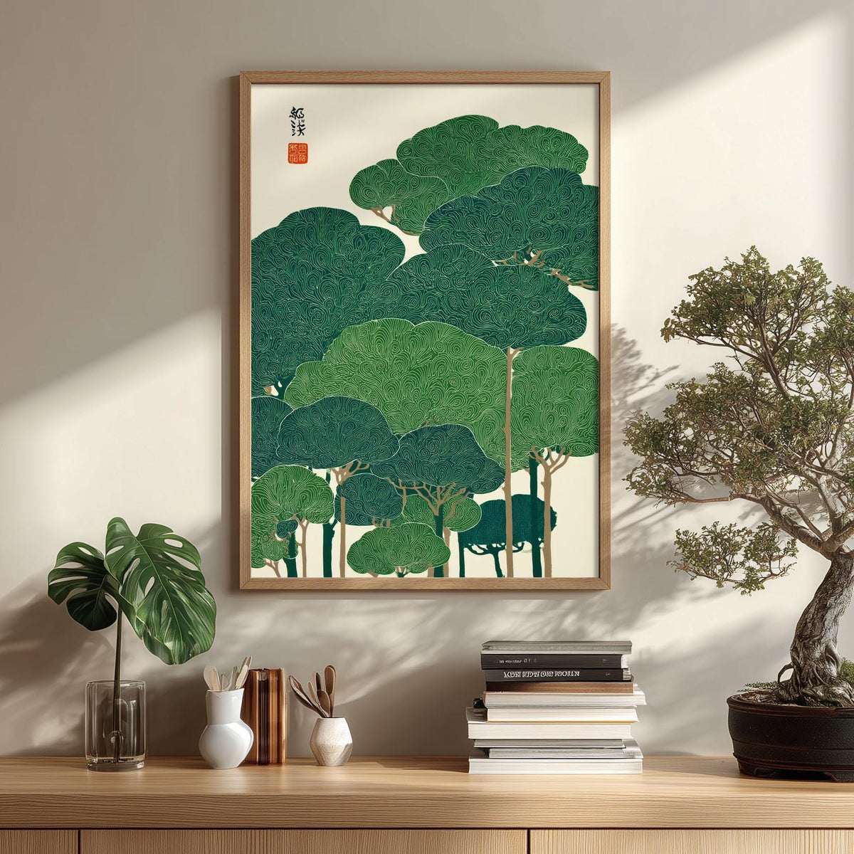 Green Forest Wall Art | Japanese Tree Poster | Botanical Art Print | Zen Nature Decor