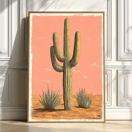 Cactus Poster, Desert Botanical Art Print, Southwestern Wall Art, Pink Boho Decor