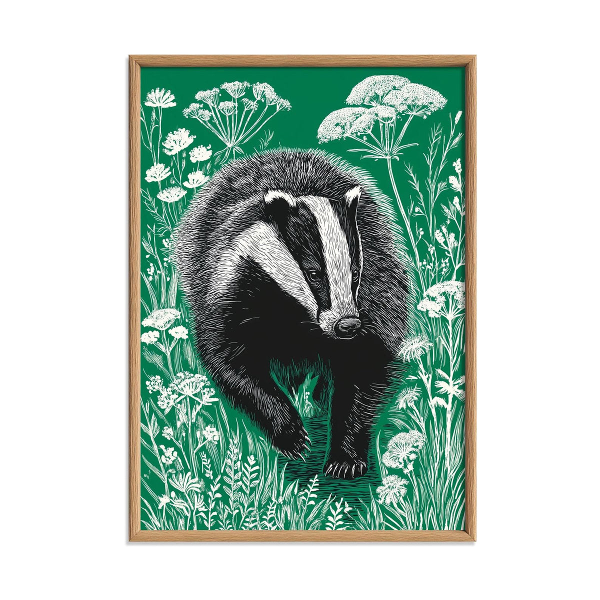 Green Badger Poster | Linocut Wildlife Art | Woodland Folk Illustration