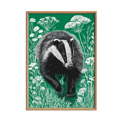 Green Badger Poster | Linocut Wildlife Art | Woodland Folk Illustration