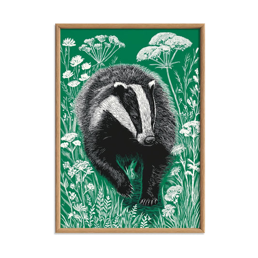 Green Badger Poster | Linocut Wildlife Art | Woodland Folk Illustration